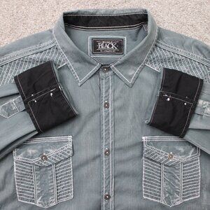 Buckle Black Shirt Mens XL Blue Pearl Snap Flip Cuff Athletic Fit Long Sleeve